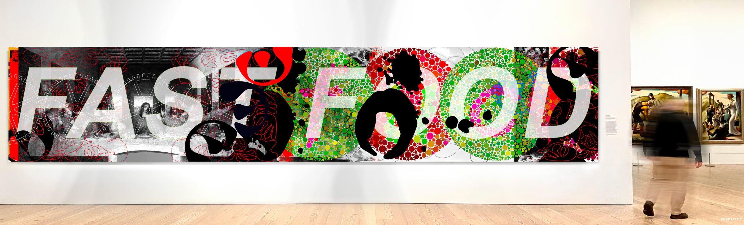 Robert Santoré “FAST FOOD” 60 x 306in (152.4 x 777.24cm) Oil, oils stick, military & industrial enamels, wax, charcoal & conte crayon, 24ct Gold leaf on birch panels with micro-layer clay ground