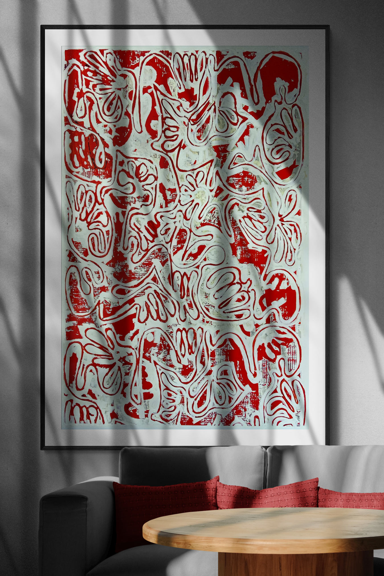 Robert Santoré “TAVARUA KAVA GHOSTS RED NO 2” Painting Size: 43 x 63in (109.22 x 160.02cm) Framed Size: 46 x 66in (116.84 x 167.64cm) Hand painted limited edition mono-print on the finest cold press archival acid free press 100% cotton rag paper with hand torn edges. Each one is slightly different and is an original on its own.