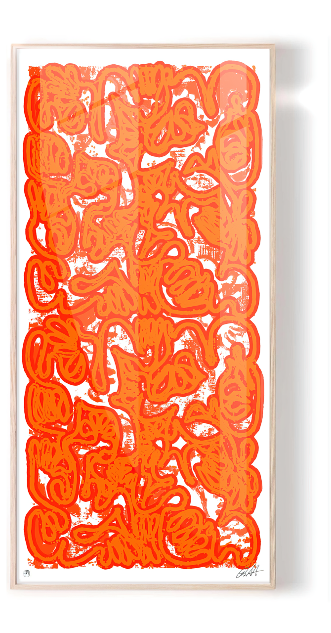 Robert Santoré “PAN AM 69 HERMÈS ORANGE”<br />
40 x 100in (101.6 x 254cm)<br />
Hand printed limited edition silkscreen, hand painted high gloss enamel on the finest cold press archival acid free press 100% cotton rag paper with hand torn edges. Each one is slightly different and is an original on its own.<br />
Comes w/NFC chip.<br />
