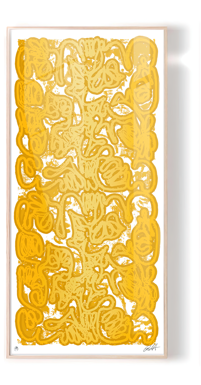 Robert Santoré “PAN AM 69 VERSACE GOLD” 40 x 100in (101.6 x 254cm) Hand printed limited edition silkscreen, hand painted high gloss enamel on the finest cold press archival acid free press 100% cotton rag paper with hand torn edges. Each one is slightly different and is an original on its own. Comes w/NFC chip.