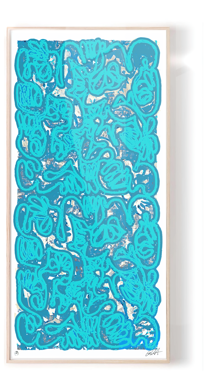 Robert Santoré “PAN AM 69 TIFFANY BLUE” 40 x 100in (101.6 x 254cm) Hand printed limited edition silkscreen, hand painted high gloss enamel on the finest cold press archival acid free press 100% cotton rag paper with hand torn edges. Each one is slightly different and is an original on its own. Comes w/NFC chip.